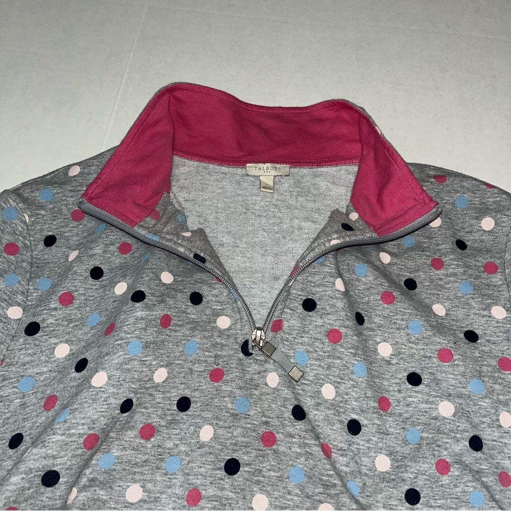 Talbots 1/4 Zip Pullover Gray with Polka Dots Sweatshirt Size Large